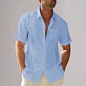 economico Casual da lavoro-Per uomo Camicia in cotone e lino Semplice Vacanza Nero Bianco Blu marino scuro Blu Manica Corta Collo ripiegato Estate Abbigliamento