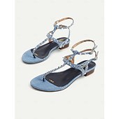 billige Ferietøfler-damersandaler med denim-pigger – flate sommersandaler med t-rem med ankelspenne, trendy fritidssko for tenåringer og unge kvinner, ideelt for ferier, strandturer og hverdagsantrekk