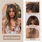 economico Parrucche trendy sintetiche-Parrucche castane ombré con frangia, lunghe e lisce, a strati, per donne, parrucche in capelli sintetici resistenti al calore