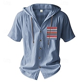 preiswerte Urlaub-Herren Hemd Freizeithemd Knopfhemd Baumwollhemd Einfach Urlaub Straße Schwarz Weiß Hellgrün Dunkelmarine Kurzarm Mit Kapuze Sommer Bekleidung Button-Down