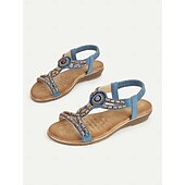 cheap Vacation Sandals-Women&#039;s Bohemian Beaded Elastic Slingback Sandals – Blue and Copper Flat Summer Shoes for Walking , Vacation and Beach