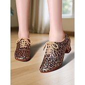 abordables Chaussures de danses latines-Chaussures de danse latine à lacets et imprimé léopard pour femmes – Chaussures d&#039;entraînement à talon bas pour adultes et événements sociaux