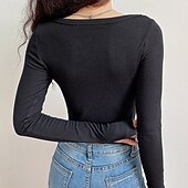 preiswerte Einfarbiges T-Shirt-Damen Bluse Einfach Modern Langarm V Ausschnitt Crop Tops Täglich Ferien Ausgehen Knöpfe Schwarz Weiß Grau Sommer