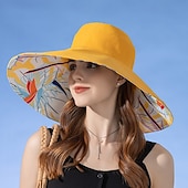 abordables Sombreros-1 sombrero reversible de ala ancha para mujer, diseño floral tropical, color rosa. &amp;Combinación de colores azul/verde, poliéster transpirable con cuerda a prueba de viento, ligero &amp;Elegante para
