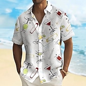 abordables Nourriture &amp; Boissons-Homme Verre de vin Boire Chemise Chemise hawaïenne Chemise Boutonnée Manche Courte Hawaïen Vacances Fête Tenue de plage Été Printemps Col Rabattu Impression 3D chemises à col Une poche avant Blanche