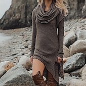 abordables Robes Bohémiennes-Femmes Robe Midi Robe Décontractée Robe d&#039;été Robe bohème Mode Extérieur Vacances Fête Coupe régulière Uni manche longue Col Bénitier Fuchsia Gris Clair Gris foncé Été Printemps
