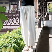 baratos Calça de linho de algodão simples-Mulheres Calças de linho de algodão Calças Roupa de rua Casual Comprimento total Natural Tecido Bolsos Cintura elástica Confortável Rua Para Noite Adamascado Preto Branco Amarelo Verão Normal
