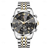 abordables Relojes de Cuarzo-Reloj de pulsera Olevs 3673 para hombre, con esfera romboidal y fase lunar, de acero inoxidable macizo, resistente al agua y fecha.