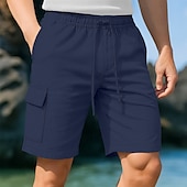 cheap Holiday-Men&#039;s Cargo Shorts Shorts Linen Shorts Summer Shorts Beach Shorts Drawstring Elastic Waist Multi Pocket Plain Knee Length Outdoor Casual Daily Vacation Hawaiian Black White Micro-elastic