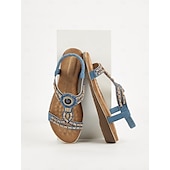 cheap Vacation Sandals-Women&#039;s Bohemian Beaded Elastic Slingback Sandals – Blue and Copper Flat Summer Shoes for Walking , Vacation and Beach
