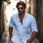 economico Strada-Per uomo Camicia Camicia di lino Camicia Estiva Camicia da Spiaggia Camicia con Bottoni Camicie sbottonate Semplice All&#039;aperto Streetwear Nero Bianco Azzurro cielo Cachi Manica Lunga Collo ripiegato