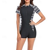 abordables Maillots de bain une pièce-Femmes Maillots de Bain Une Pièce Maillot de bain Zip Up Patchwork Tropical Tenues de plage Fleur Col rond Manches courtes Maillots de bain
