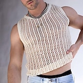 cheap Tank Tops-Men&#039;s Tank Top Vest Top Undershirt Sleeveless Shirt Sleeveless Crewneck Spring Plain Fashion Designer Hole Vacation Street Going out Beige Top Tee for Men