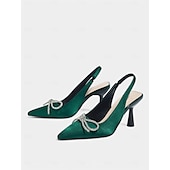 economico cocktail-Scarpe con tacco a spillo in raso verde da donna con cinturino posteriore e fiocco di cristallo: tacchi a gattino sofisticati per cocktail party e occasioni festive