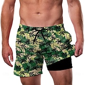 お買い得  熱帯植物と花-男性用 ココナッツの木 カモフラージュ 裏地付きショートパンツ 2 in 1 スイムショーツ スイムショーツ ミディアムウエスト ハワイアン バケーション ビーチウェア サイドポケット コンプレッションライナー付き 伸縮性のあるドローストリングウエスト デザイナー 衣類