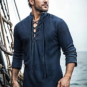 economico Vacanza-Per uomo Camicia Camicia di lino Stile vichingo Camicia Estiva Abbigliamento da spiaggia Camicia pirata Tinta unica Vacanza Streetwear Nero Blu marino Cachi Manica Lunga Collo alla coreana Estate