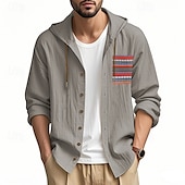preiswerte Urlaub-Herren Knopfhemd Einfach Urlaub Straße Schwarz Weiß Khaki Grau Langarm Mit Kapuze Frühling &amp; Herbst Bekleidung Button-Down