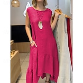 ieftine proiectează rochii din bumbac și in-Pentru femei Rochii Midi Rochie A line Rochie de vară Casual Zilnic Concediu Plajă Fit regulat Simplu Fără manșon Stil Nautic Galben Roșu-aprins Trifoi Vară