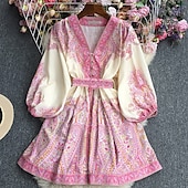 ieftine Rochii Boho-Pentru femei Rochie Mini Rochie casual Rochie de vară Rochie Boho Modă Modern În aer liber Concediu Dată Fit regulat Floare Manșon Lung În V Galben Roz Îmbujorat Albastru piscină Vară Primăvară