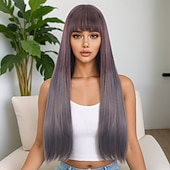 abordables Perruques Synthétiques Sans Bonnet-Perruque Synthétique Lisse Droit crépu Coupe dégradée Frange Droite Fabriqué à la Machine Perruque 28 pouces A1 Cheveux synthétiques Femmes Fête Classique Confortable Gris