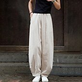 abordables Pantalón liso de lino y algodón-Mujer Pantalones de lino y algodón pantalones Ropa de calle Casual Longitud total Cintura Media Plano Bolsillo Cintura elástica Confortable Cómodo Diario Fin de semana Albaricoque Negro Azul Marino
