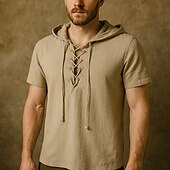 economico Cime-t-shirt vichinga medievale in cotone a maniche corte con cappuccio camicie da uomo in stile retrò con lacci hippie abbinati al costume larp
