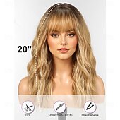 お買い得  トレンドの合成ウィッグ-フリンジ付きロングウィッグ、女性用合成ウェーブウィッグ、ライトブロンドのハイライトカラー
