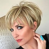 economico parrucca più vecchia-Parrucche per capelli corti da donna, parrucca castana pixie bob, parrucca pixie cut da donna, parrucche sintetiche con frangia per uso quotidiano o cosplay.