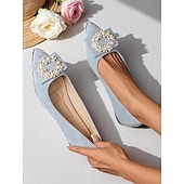 cheap Women&#039;s Flats-Women&#039;s Black Pointed-Toe Flats with Pearl Bow Accent - Elegant Suede Ballet Shoes for Casual Dates and Everyday Outfits