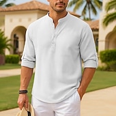cheap Men&#039;s Popover Shirts-Men&#039;s Waffle Knit Shirt Black White Blue Sky Blue Dark Gray Long Sleeve Grandad Collar Stand Collar Henley Vacation Buckle Clothing Apparel Fashion Casual Comfortable