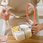 baratos Arrumação de Cozinha-Conjunto de potes de condimentos com 2 compartimentos, caixa de temperos transparente com tampas e colheres, solução de armazenamento conveniente e organizada para sua cozinha