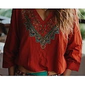 preiswerte Blumenblusen-Boho Bluse Damen Floral Grafik Bohemia Vintage Tropisch 3/4-Länge Ärmel V-Ausschnitt Reguläre Oberteile Rot Sommer Frühling