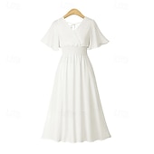 voordelige Chiffon Jurken-Dames Halflange jurk Cocktail jurk Bruiloft gast jurk Chiffon jurk Modieus Modern Vakantie Teaparty Weekend Normale pasvorm Effen Korte mouw V-hals Zwart Wit Blozend Roze Abrikoos Zomer