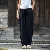 abordables Pantalon uni en coton et lin-Femmes Pantalon en coton et lin Slacks Streetwear Occasionnel Longueur complète Naturel Uni Avec Poches Conception à cordon élastique Confortable Vacances Rue Abricot Noir Marine foncé Café Été Coupe