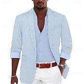 billiga Blazer-herr seersuckerkavaj sommar sportkappa mode lätt randig kavaj himmelsblå salvia standard passform enkelknäppt en knapp
