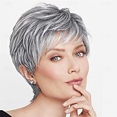 economico parrucca più vecchia-Parrucca corta bionda con taglio pixie per donna, con strato soffice e meches, con radice elasticizzata, parrucca pixie sintetica con frangia per donna, parrucca sostitutiva da indossare ogni giorno