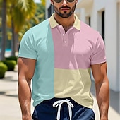 cheap Men's Color Block Polo-Men's Color Block Polo Short Sleeve Polo Shirts Collared Shirts Casual School Outdoor Daily Wear 3D Print Summer Pink