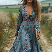 preiswerte Ausgefallene Kleider-Damen Langes Kleid Maxikleid Blumenkleid Boho-Kleid Westernkleid Elegant Mode Modern Outdoor Urlaub Täglich Normale Passform Blume Langarm V Ausschnitt Blau Sommer