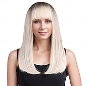 abordables Perruques Synthétiques Sans Bonnet-Perruque Synthétique Lisse Droit crépu Coupe dégradée Frange Droite Fabriqué à la Machine Perruque 20 pouces A1 Cheveux synthétiques Femmes Doux Classique Cheveux Mèches / Balayage Blanc