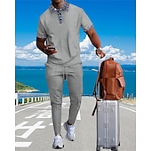 voordelige T-shirt sets voor heren-Voor heren Wafel Shirt T-shirt past Shirt- en broeksets 2 stuks outfits Korte mouw Revers Zomer Kleurenblok Modieus Casual Lapwerk 2-stuks Vakantie Alledaagse kleding Uitgaan Zwart Wit Koningsblauw