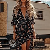 levne Boho šaty-Dámské Midi šaty Vintage šaty Boho šaty Šaty s potiskem Westernové šaty Vinobraní Módní Venkovní Dovolená Rande Běžný Květiny Krátký rukáv Do V Černá Léto