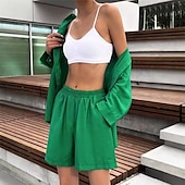 cheap Sets-Women&#039;s Fashion Streetwear Shirt Cotton Linen Sets Two Piece Sets Long Sleeve Shirt Collar Plain Daily Wear Date White Blue Green Summer Regular Fit