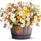 billiga Konstgjorda växter och blommor-8 buntar konstgjorda tusensköna blommor för utomhus sommarinredning uv-resistent faux kyrkogård blommor plast grönska buske falska konstgjorda växter utanför hem trädgårdar veranda plantera inomhus