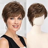 economico parrucca più vecchia-Parrucche corte castane per donne in fibra di memoria sana, taglio pixie, capelli naturali per uso quotidiano
