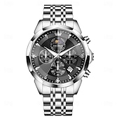 abordables Relojes de Cuarzo-Reloj de pulsera Olevs 3673 para hombre, con esfera romboidal y fase lunar, de acero inoxidable macizo, resistente al agua y fecha.