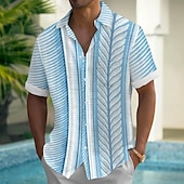 cheap Tropical Plants-Men&#039;s Striped Tropical Leaf Shirt Summer Hawaiian Shirt Button Up Shirt Short Sleeve Hawaiian Vacation Dailywear Holiday Summer Spring Turndown 3D Print Collared Shirts Front One Pocket Blue
