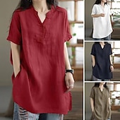 economico Camicie-Per donna Camicie di cotone e lino Semplice Quotidiano Elegante Essenziale Manica Corta Scollo a V Top Regolari Lavoro Quotidiano Ferie Tasca Nero Vino Cachi Estate Primavera