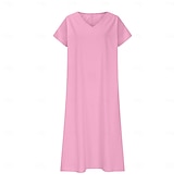 abordables concevoir des robes en coton et lin-Robe midi féminine robe d&#039;été décontractée quotidienne vacances plage ajustement régulier lin-like unie à manches courtes col en V blanc rose bleu vert été
