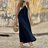 preiswerte Kleider aus Baumwolle und Leinen entwerfen-Damen Langes Kleid Maxikleid Baumwoll-Leinenkleid Mode Klassisch Täglich Ferien Ausgehen Normale Passform Farbblock Ärmellos V Ausschnitt Schwarz Weiß Sommer