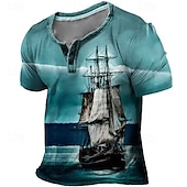 billige Vintage og retro-seilbåt t-skjorte herre grafisk 3d for ferie | blå sommer bomull motedesigner komfortabel print henley t-skjorte utendørs uformelt daglig dag pirat